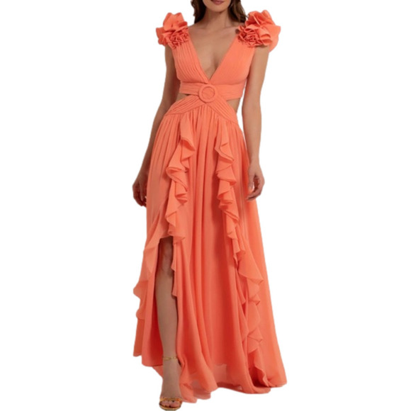 Patbo FLUTTER SLEEVE MAXI DRESS PEACH COLOR SIZE 0 - Picture 1 of 5